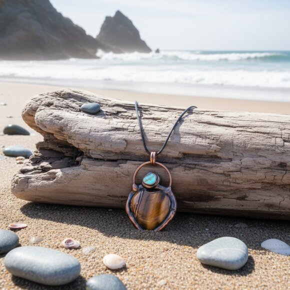 🆕️Boho Chic Copper Heart Pendant Necklace | Genuine Tiger's Eye & Abalone Shell - Picture 7 of 14